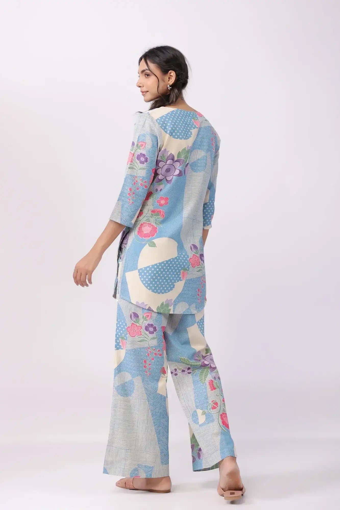 Distant Blooms Blue Cotton Flex Palazzo Loungewear Set