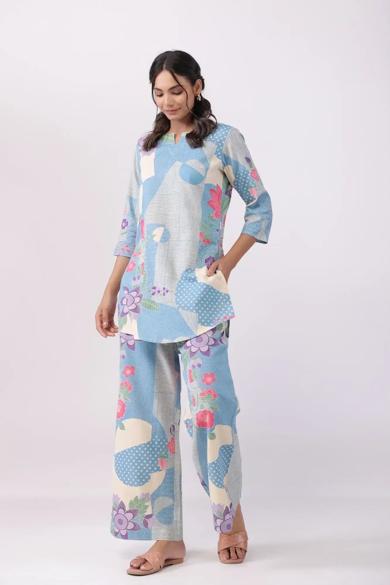 Distant Blooms Blue Cotton Flex Palazzo Loungewear Set