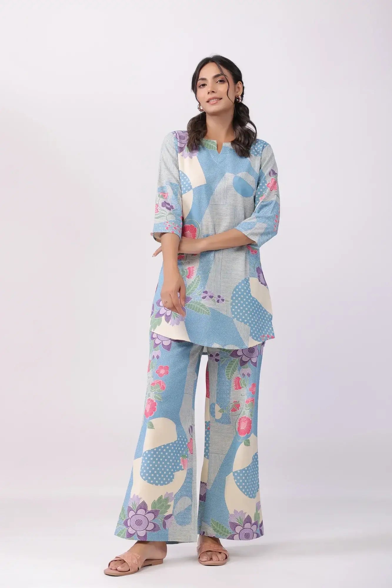 Distant Blooms Blue Cotton Flex Palazzo Loungewear Set