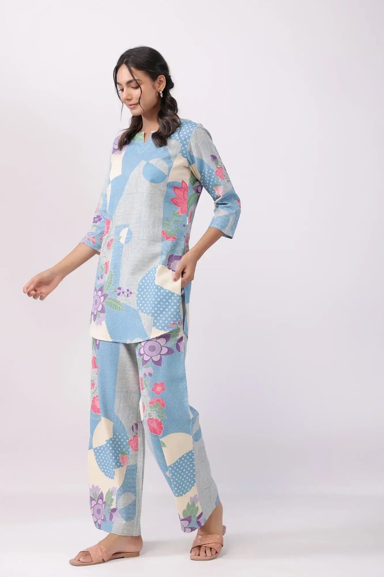 Distant Blooms Blue Cotton Flex Palazzo Loungewear Set