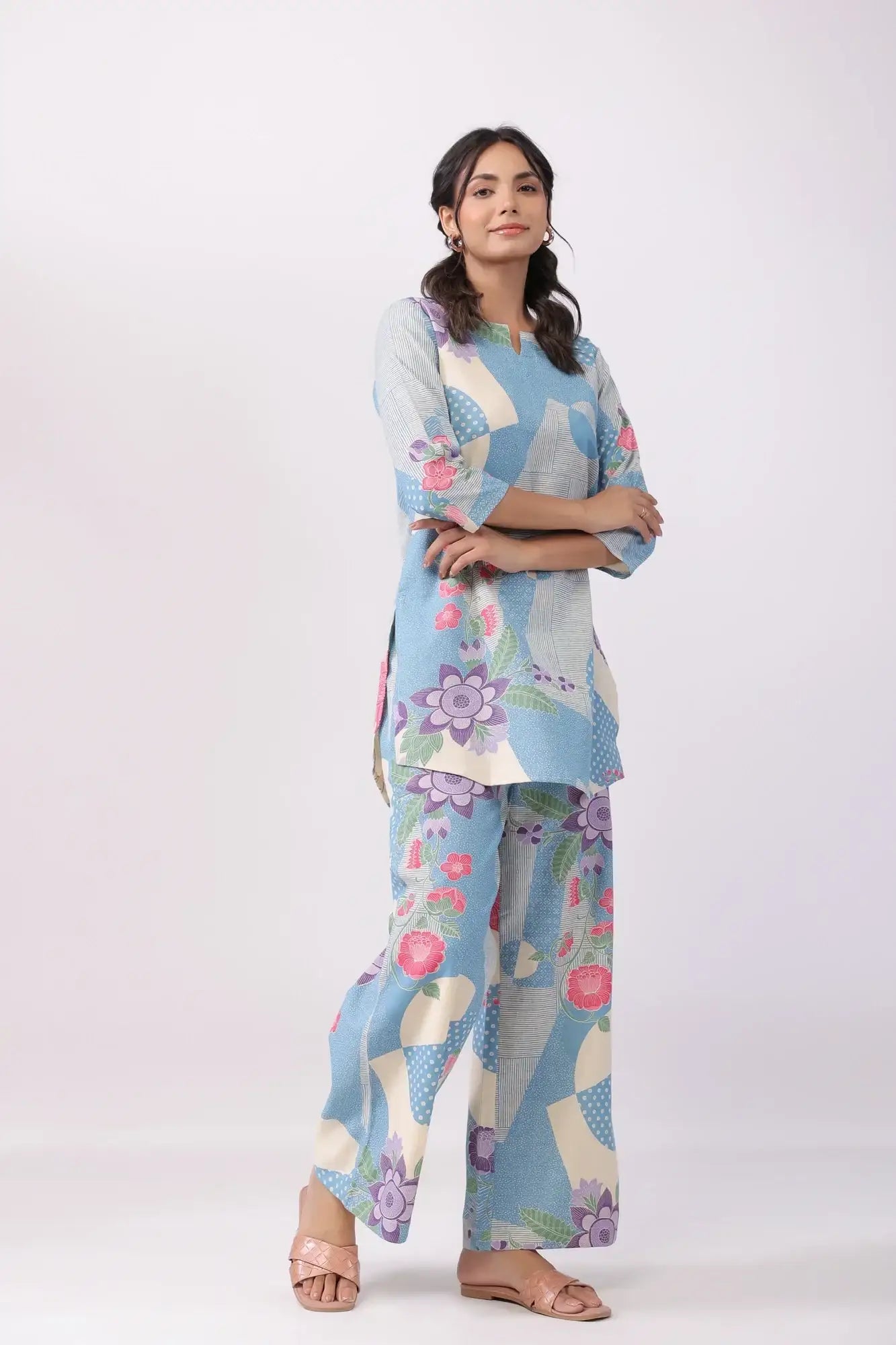 Distant Blooms Blue Cotton Flex Palazzo Loungewear Set