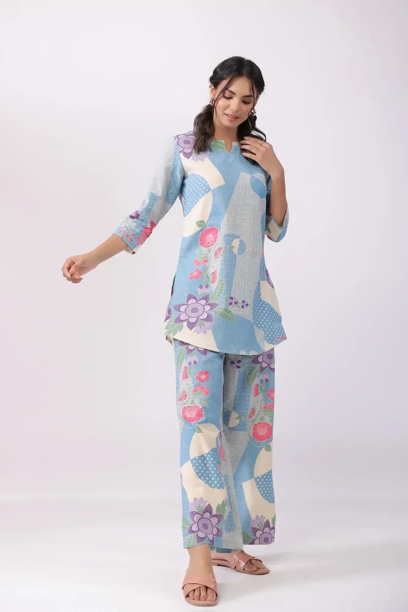 Distant Blooms Blue Cotton Flex Palazzo Loungewear Set