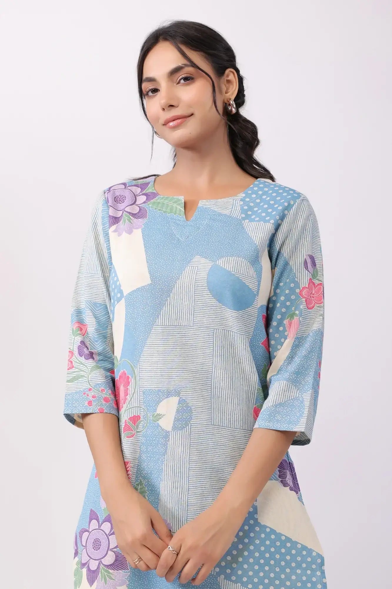 Distant Blooms Blue Cotton Flex Palazzo Loungewear Set