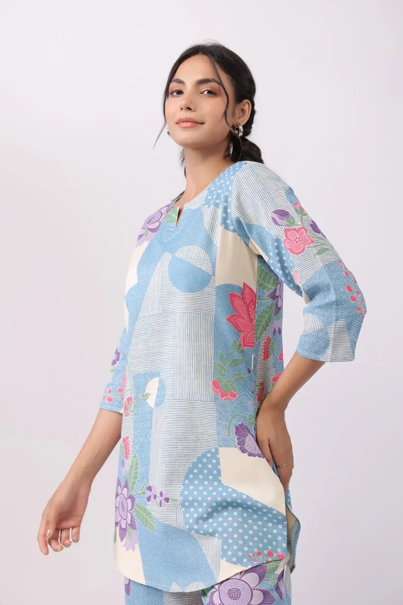 Distant Blooms Blue Cotton Flex Palazzo Loungewear Set