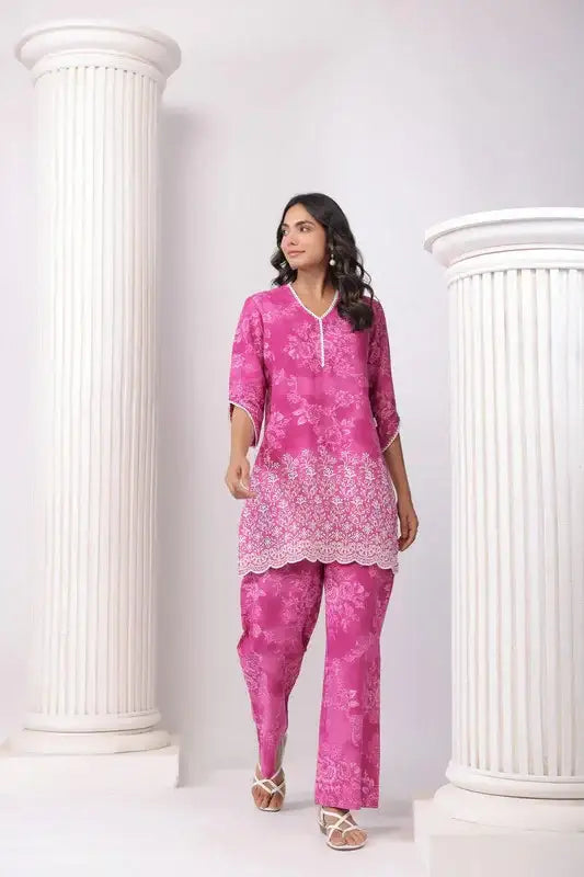 Pink Blossom Ensemble Schiffli Cotton Co-ord Set