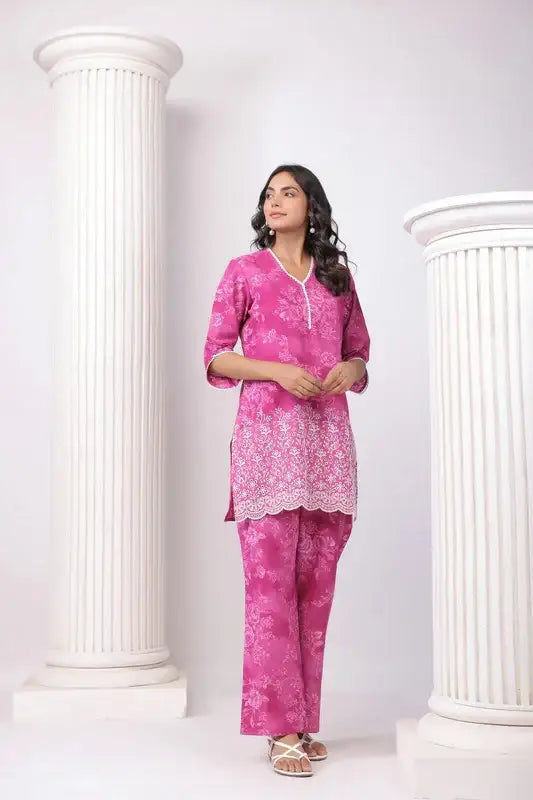 Pink Blossom Ensemble Schiffli Cotton Co-ord Set