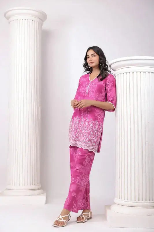 Pink Blossom Ensemble Schiffli Cotton Co-ord Set