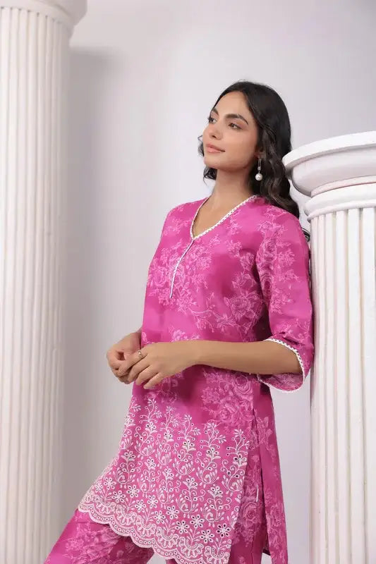 Pink Blossom Ensemble Schiffli Cotton Co-ord Set