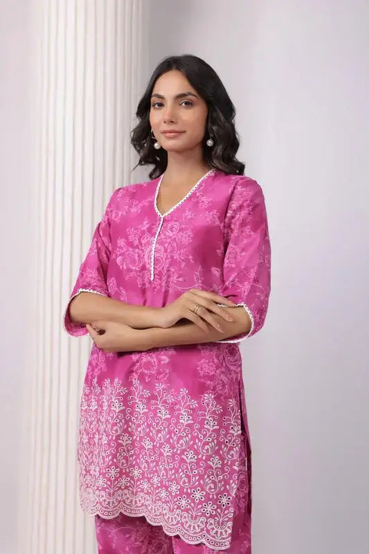 Pink Blossom Ensemble Schiffli Cotton Co-ord Set