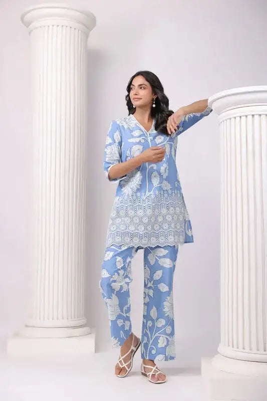 Powder Petals Blue Schiffli Cotton Co-ord Set