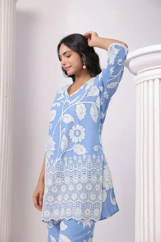 Powder Petals Blue Schiffli Cotton Co-ord Set