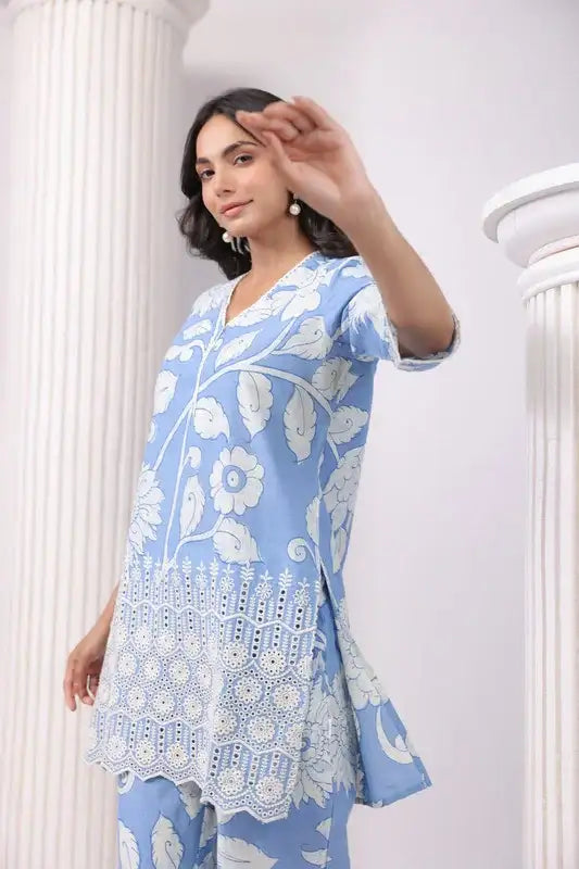 Powder Petals Blue Schiffli Cotton Co-ord Set