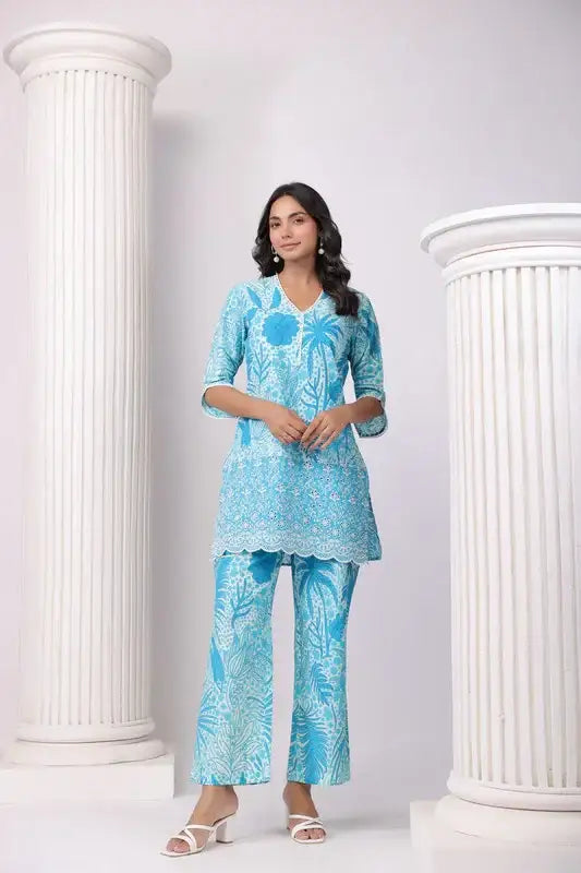 Turquoise Paradise Aqua Schiffli Cotton Co-ord Set