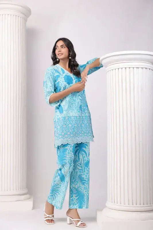 Turquoise Paradise Aqua Schiffli Cotton Co-ord Set