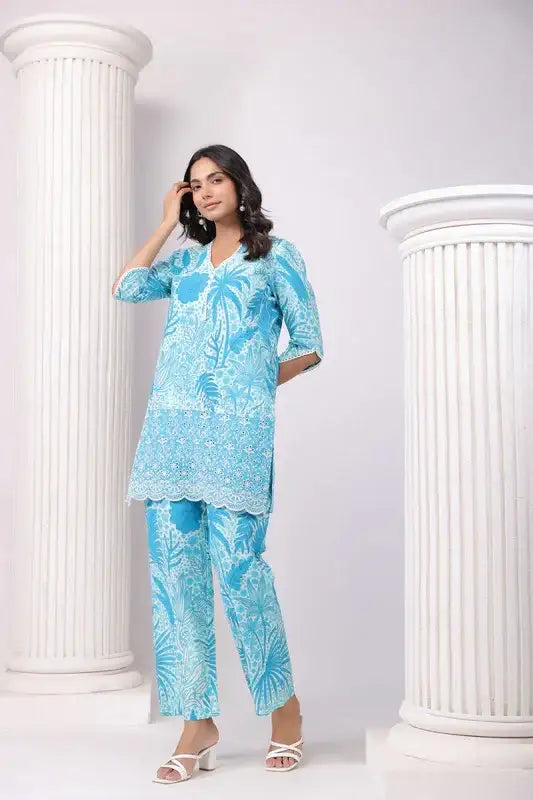 Turquoise Paradise Aqua Schiffli Cotton Co-ord Set