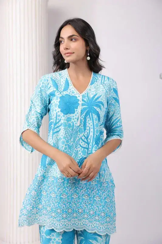 Turquoise Paradise Aqua Schiffli Cotton Co-ord Set