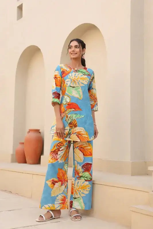 Tropical Blue Cotton Loungewear Set