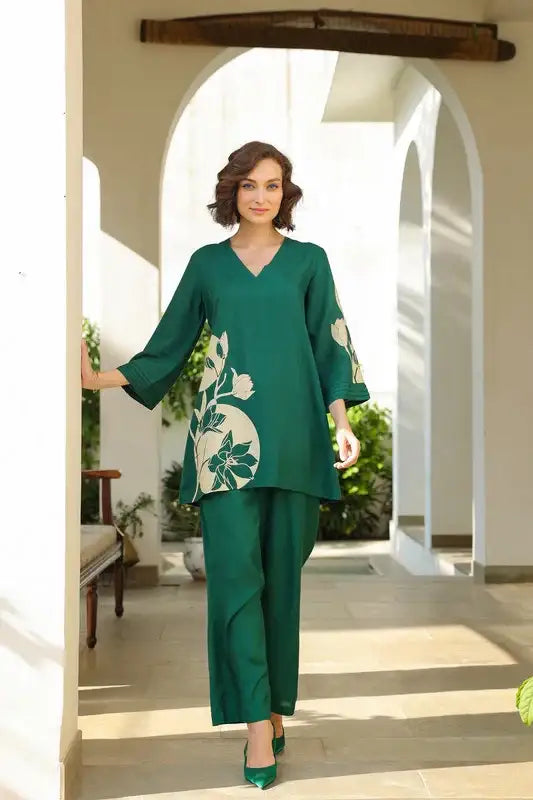 Leafy Azure Russian Silk Co-ord Set