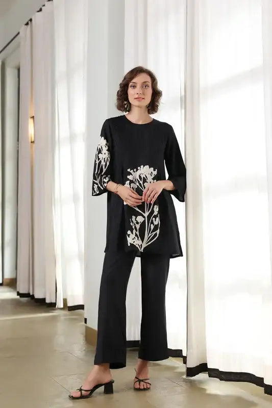 Charcoal Flora Russian Silk Co-ord Set
