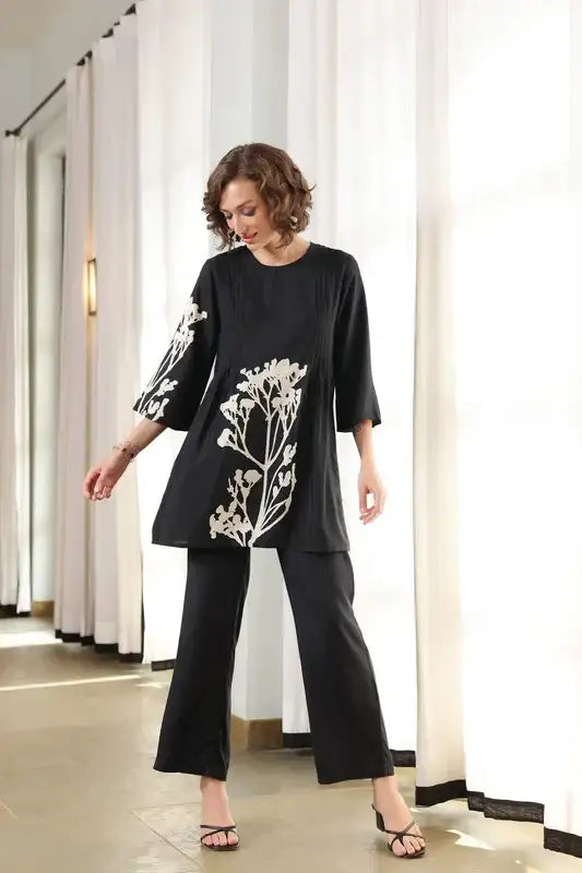 Charcoal Flora Russian Silk Co-ord Set