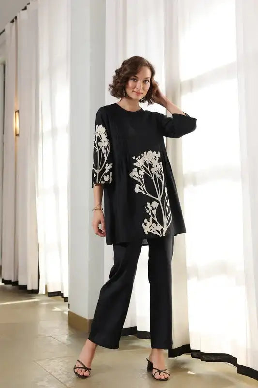 Charcoal Flora Russian Silk Co-ord Set