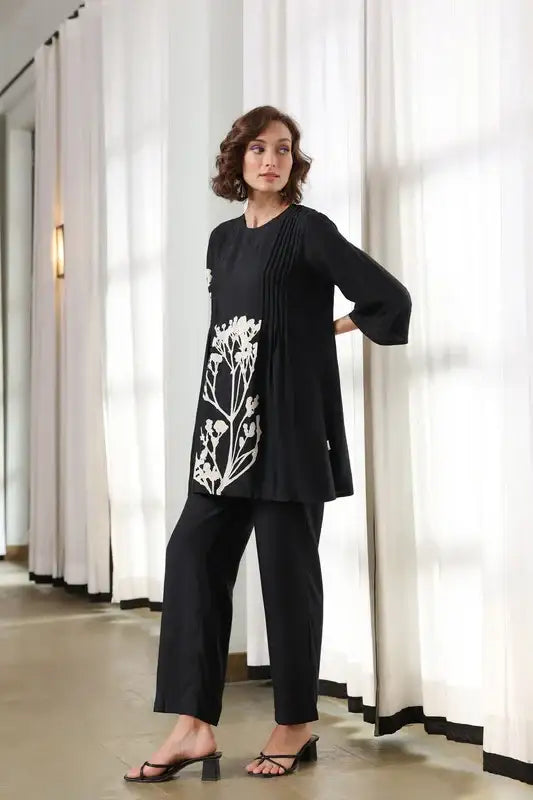 Charcoal Flora Russian Silk Co-ord Set