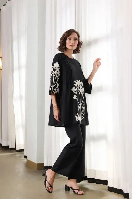 Charcoal Flora Russian Silk Co-ord Set