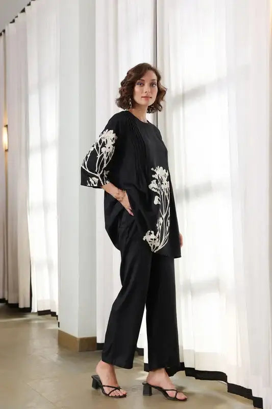 Charcoal Flora Russian Silk Co-ord Set