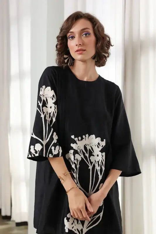 Charcoal Flora Russian Silk Co-ord Set