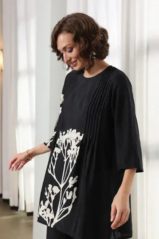 Charcoal Flora Russian Silk Co-ord Set