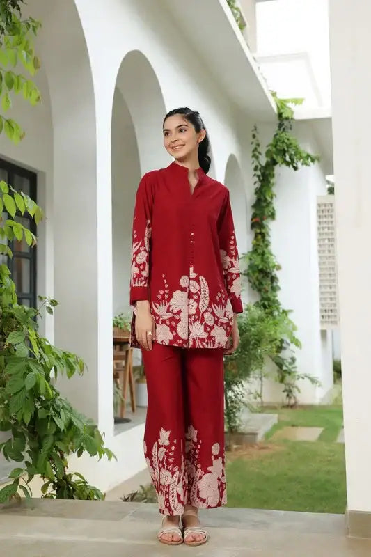 Forrest Enchanment Maroon Cotton Co-ord Set
