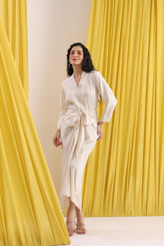 Off-White Solid Wrap Style Long Sleeve Co-ord Set