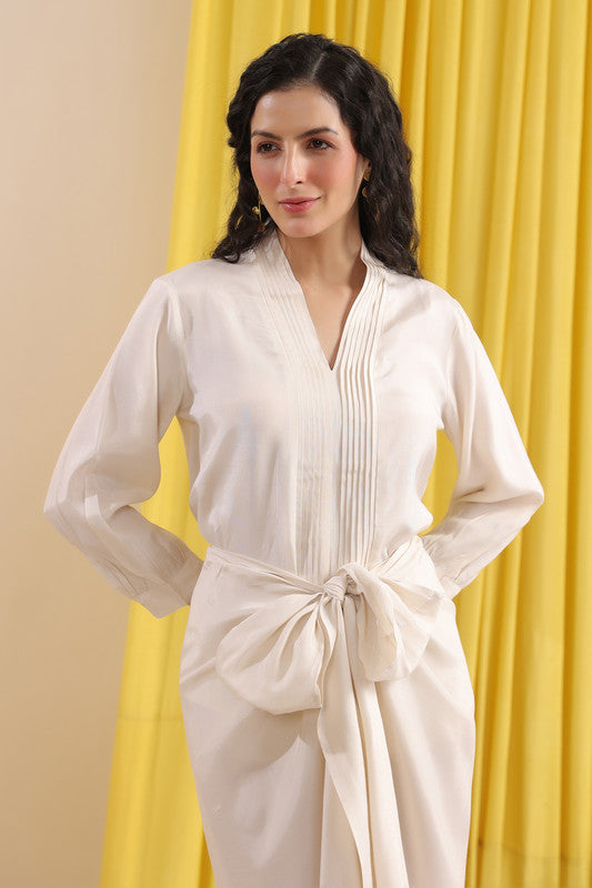 Off-White Solid Wrap Style Long Sleeve Co-ord Set