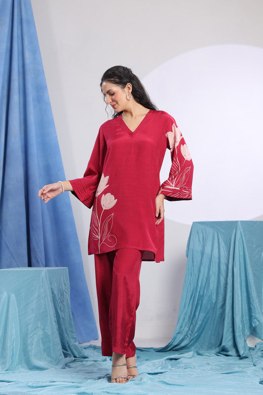 Maroon Floral Floral Motif Printed Co-ord Set