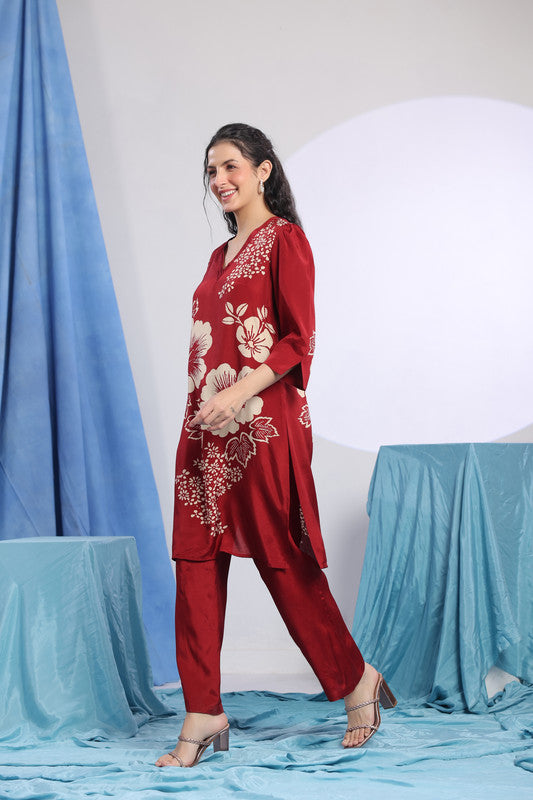 Maroon Floral Printed Co-ord Set