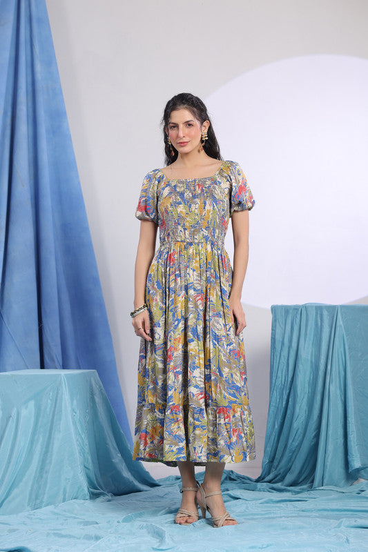 Multicolour Floral Print Smocked Russian Silk Midi Dress