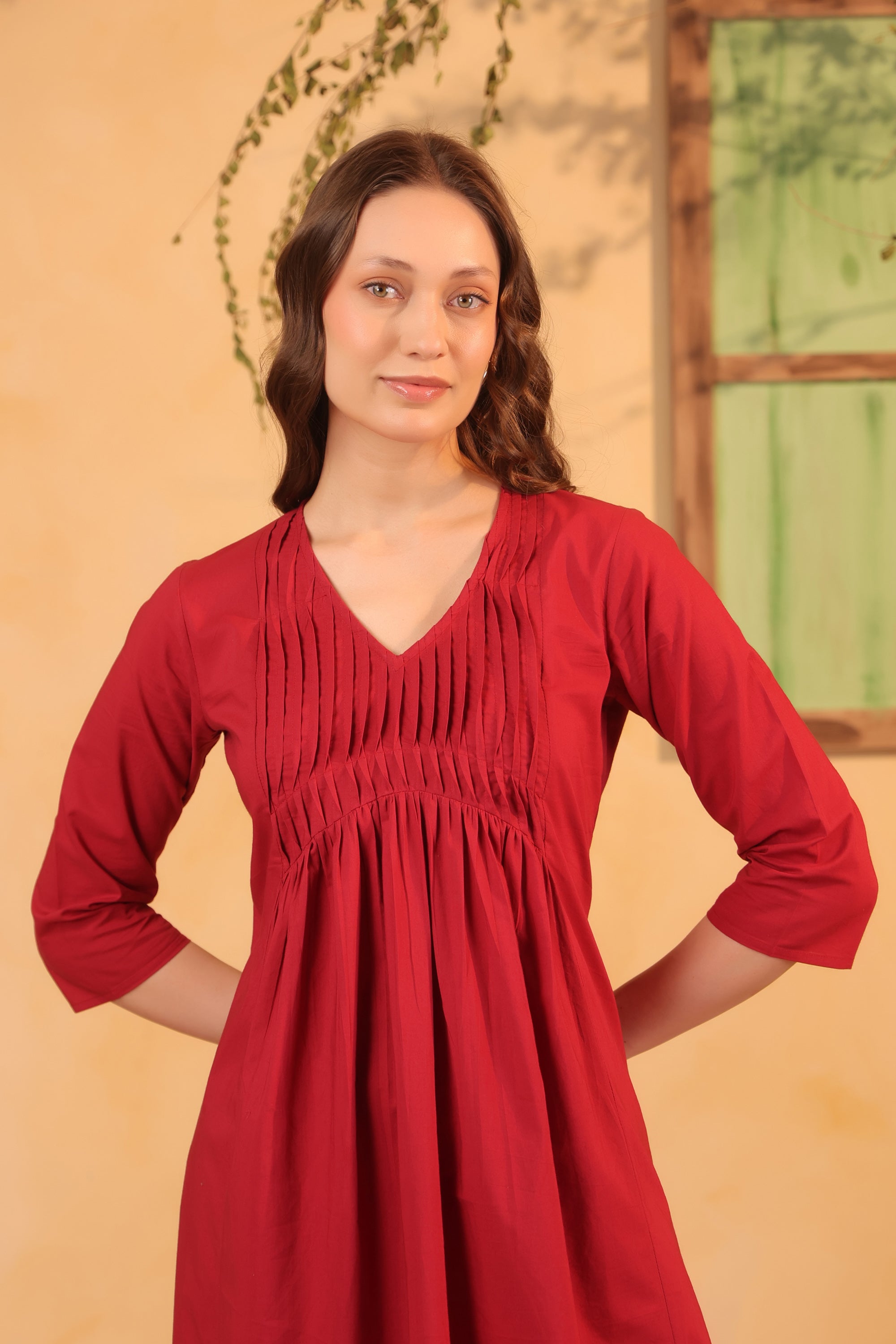 Red Minimal Pintuck A-Line Solid Designer Cotton Kurta with Pant Set