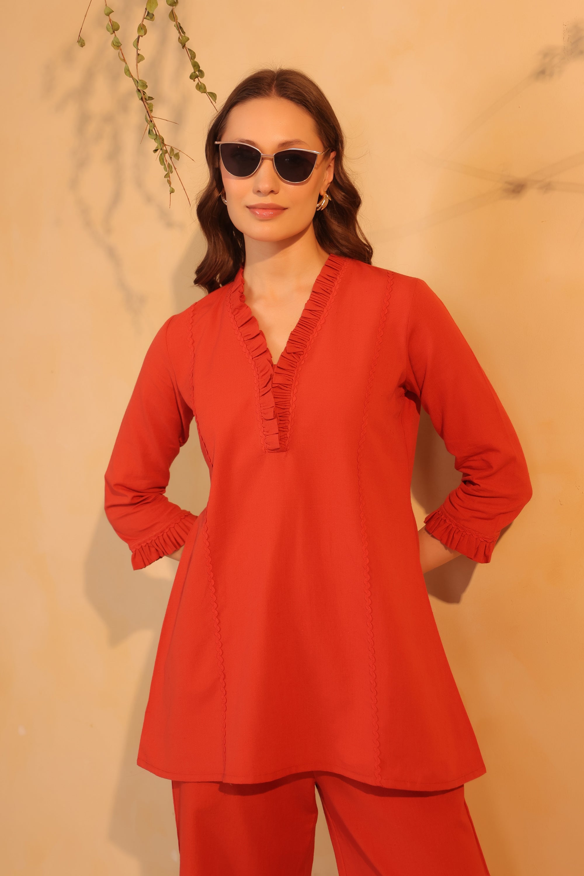 Rust Orange V-Neck Ruffle Style Detail Solid Cotton Flex Relaxed Fit Two-Piece Co-ord Set