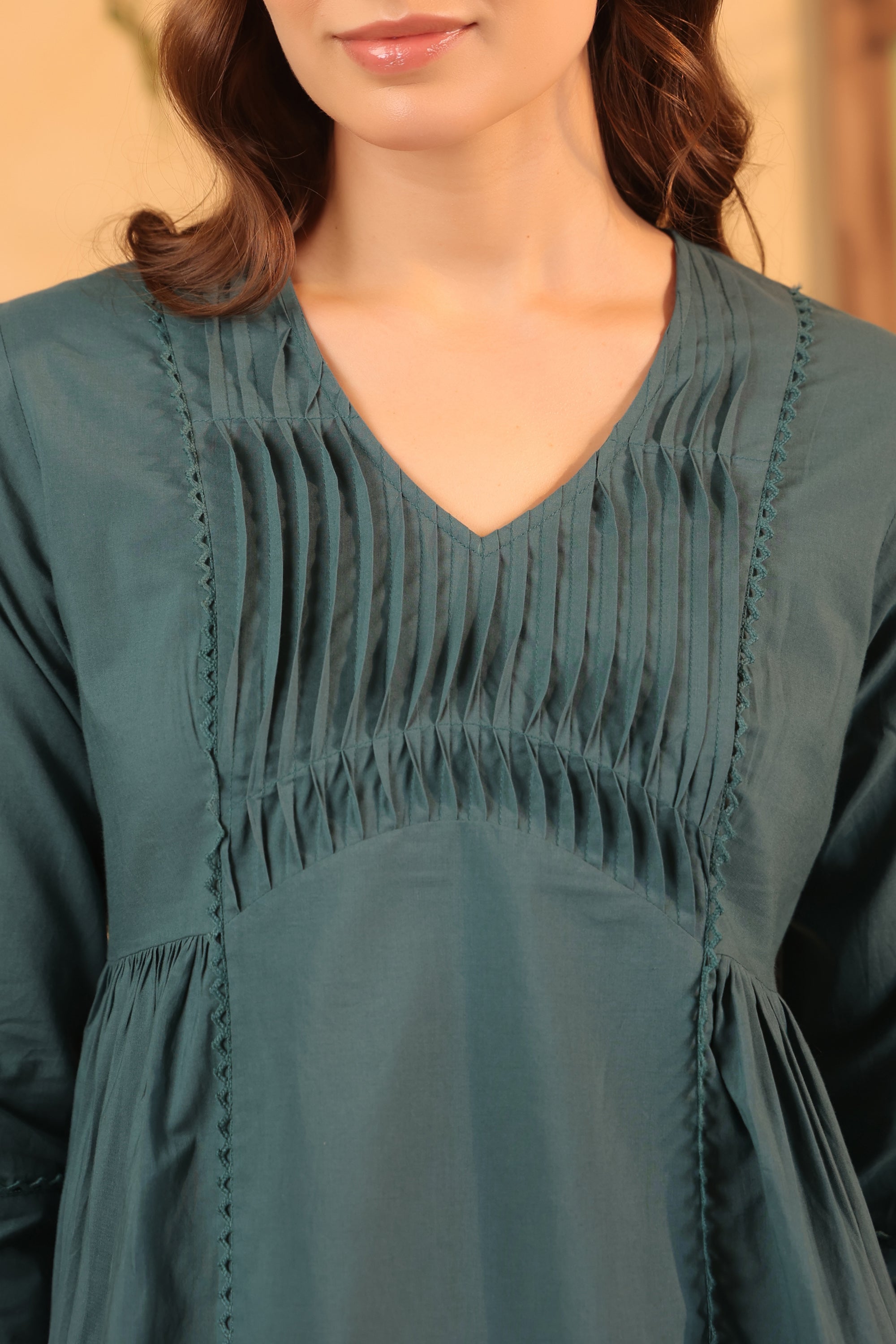 Green Classic Pintuck Solid Cotton Designer Kurta with Pant Set