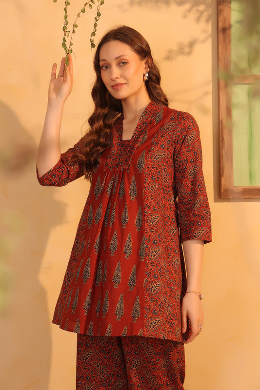 Maroon Ethnic Traditional Printed CTunic & Pant Co-ord Set