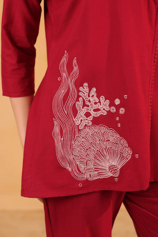 Red Wrap Style Placement Printed Cotton Cotton Flex Two Piece Co-ord Set