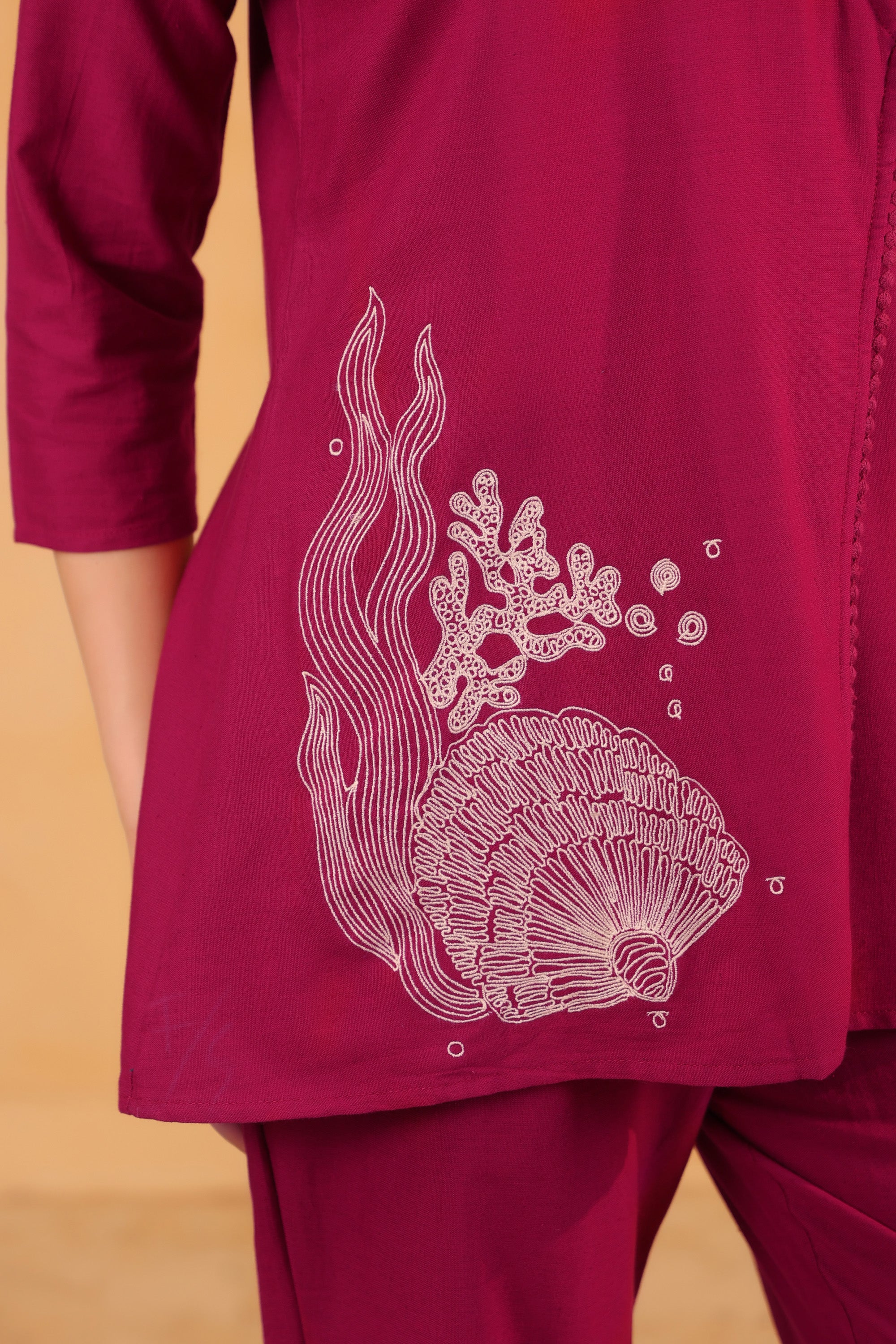 Purple Wrap Style Placement Embroidered Cotton Flex Two Piece Co-ord Set