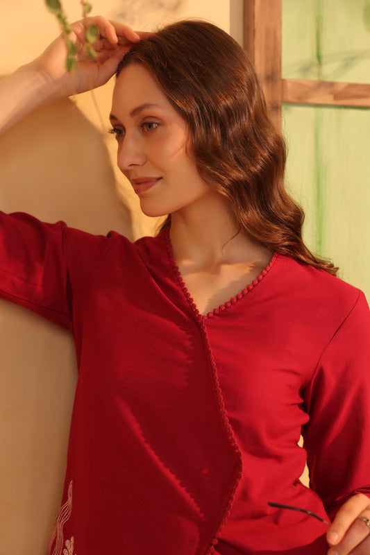 Red Wrap Style Placement Printed Cotton Cotton Flex Two Piece Co-ord Set