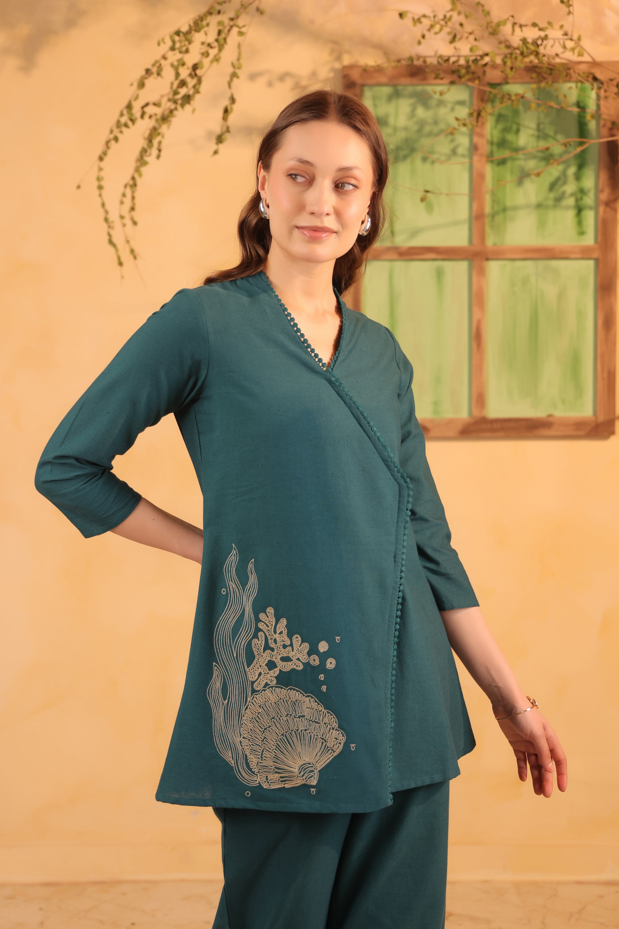 Teal Designer Contemporary Embroidered Cotton Flex Tunic with Straight Pants Co-ord Set