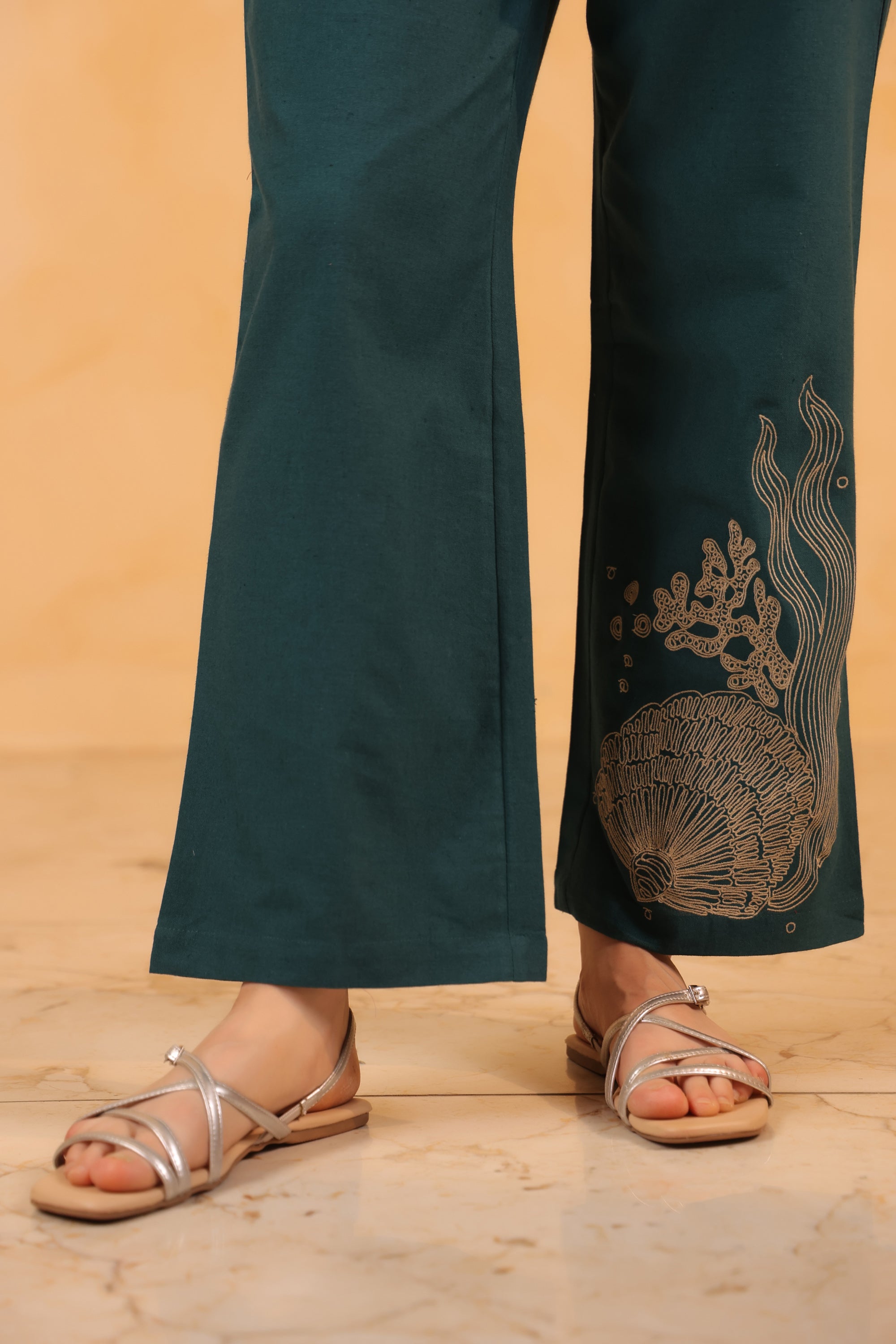 Teal Designer Contemporary Embroidered Cotton Flex Tunic with Straight Pants Co-ord Set