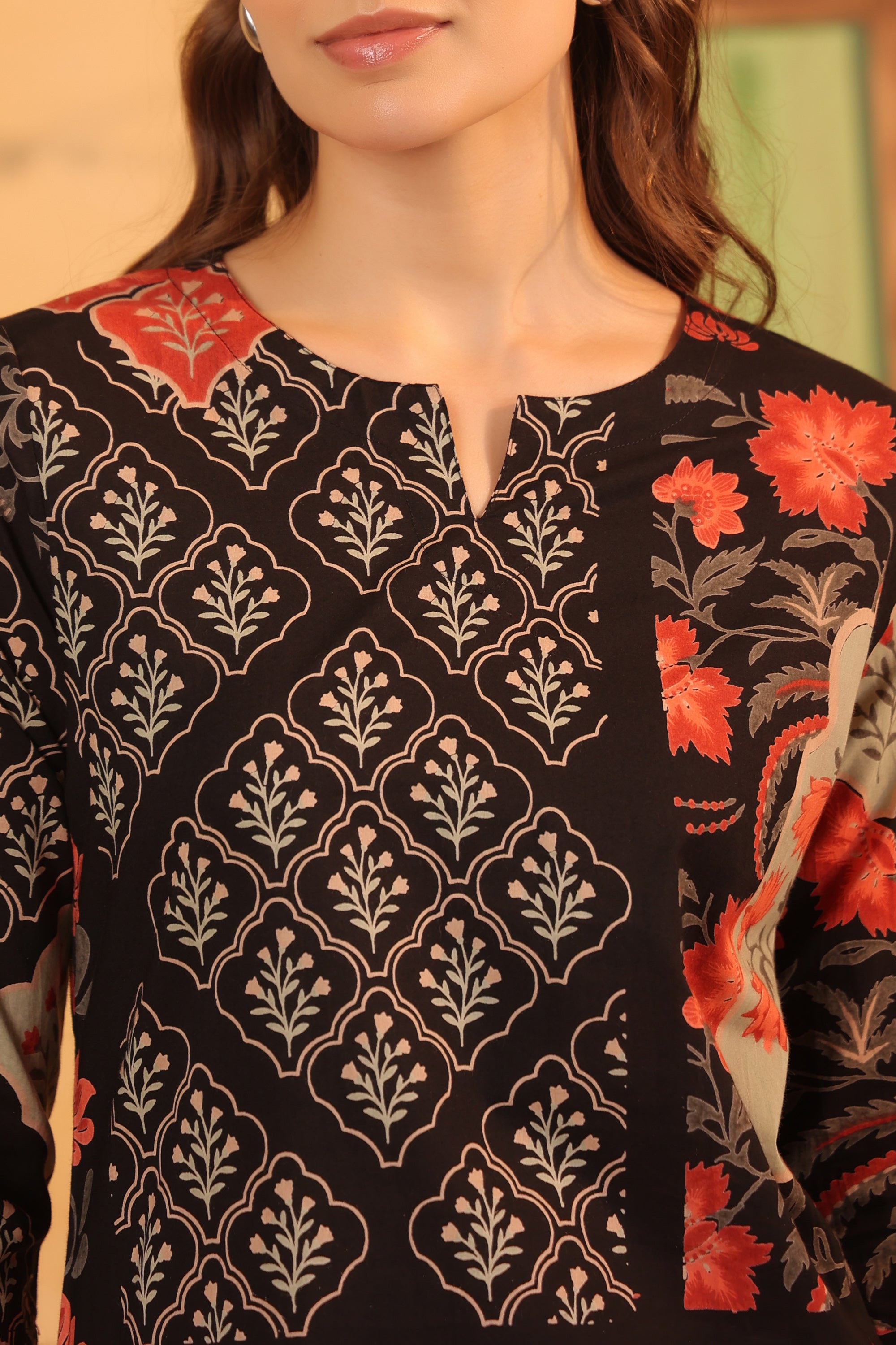 Black Ethnic Traditional Print Top and Pant Cotton Co-ord Set