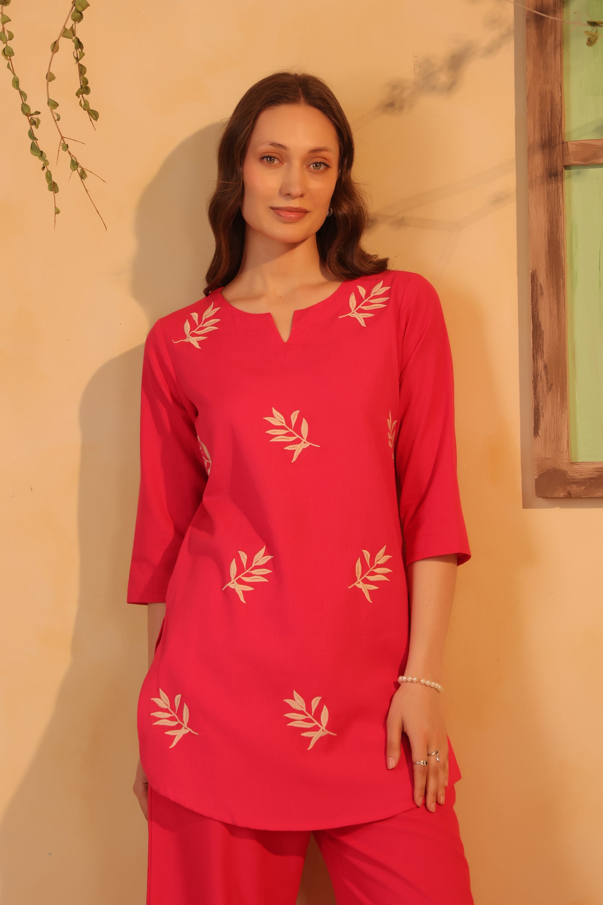 Pink Traditional Gold Leaf Motif Embroidered Cotton Flex Two Piece Co-ord Set