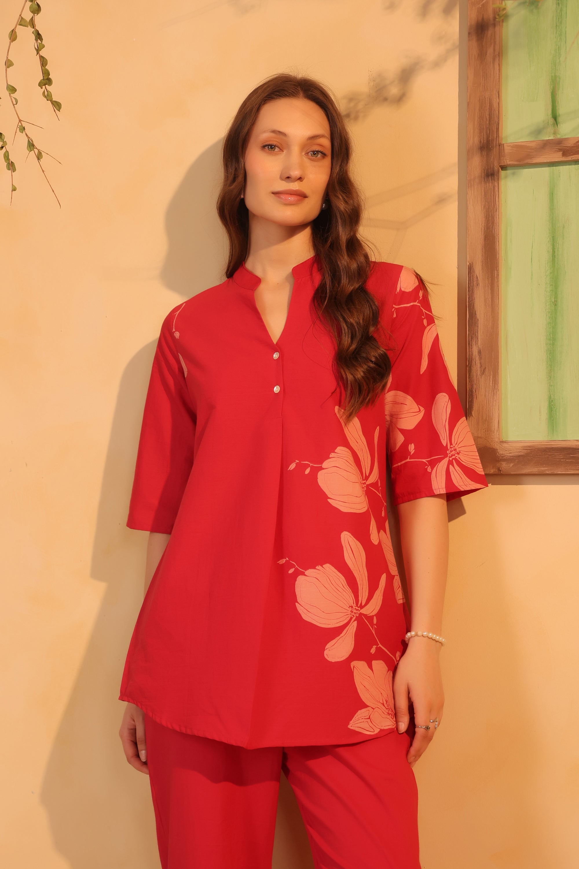 Pink Contemporary Floral Printed Cotton Two-Piece Co-ord Set