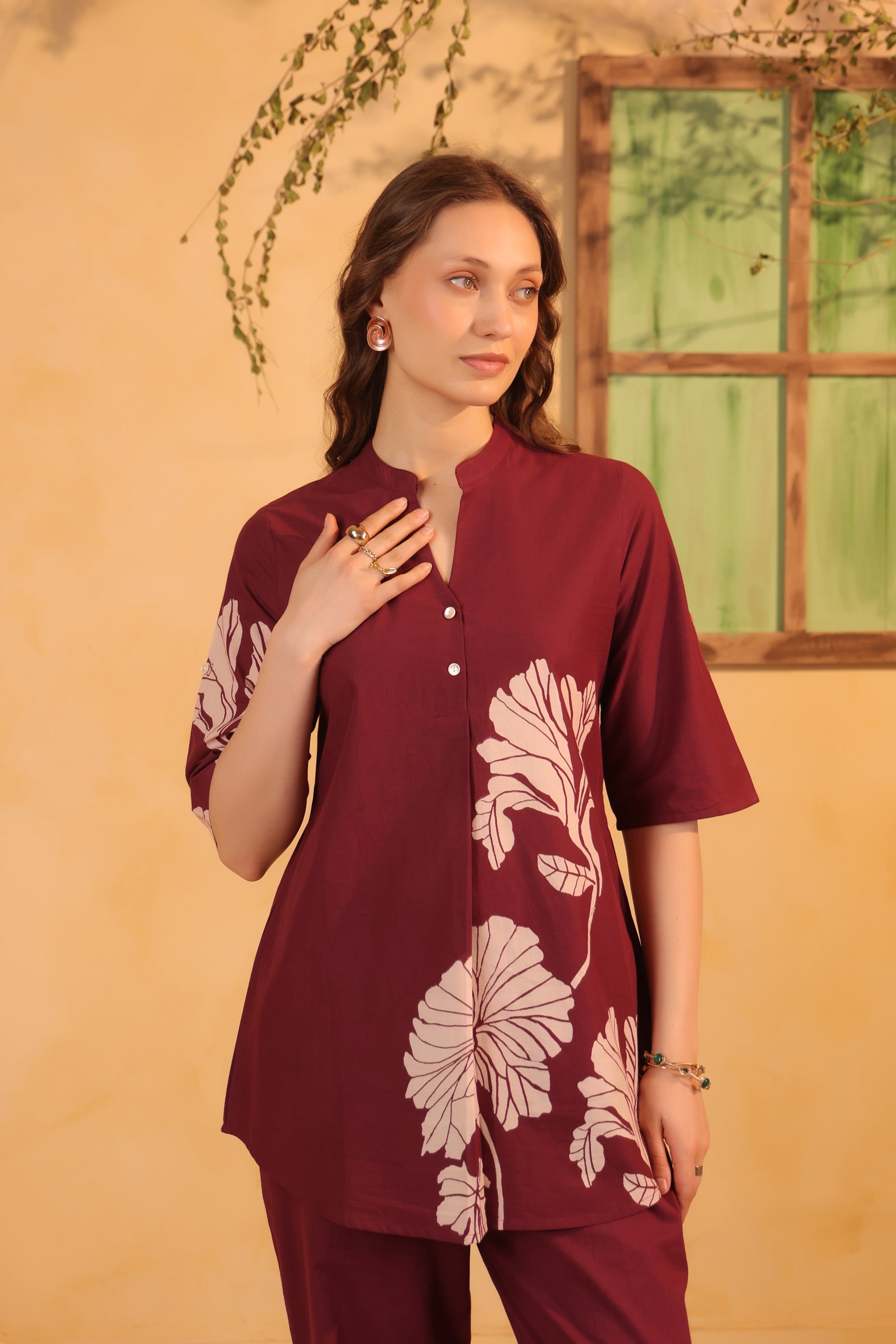 Wine Elegant Design Floral Leaf Printed Cotton Top & Pant Co-ord Set