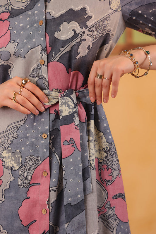 Grey Floral Abstract Printed Cotton Flex Button-Front Tie-Waist Midi Dress